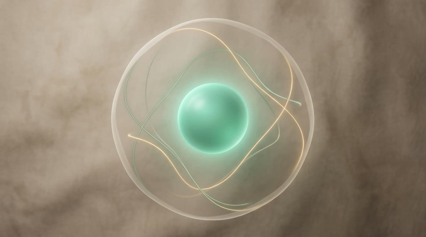 Abstract illustration of a glowing core surrounded by a translucent boundary, with several distinct threads of light approaching but stopping at the boundary, representing governed access to protected research data