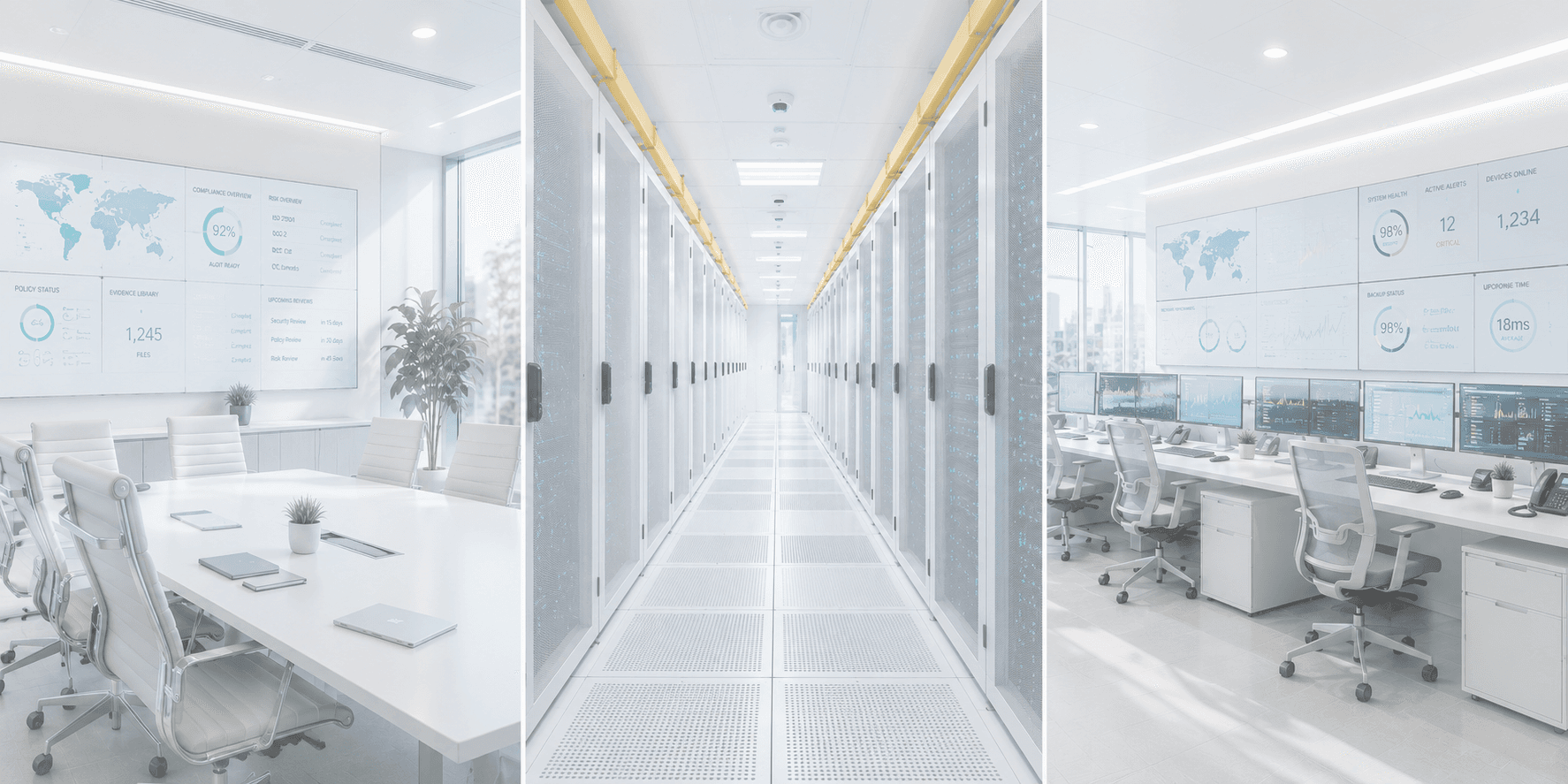IT KORR governance, infrastructure, and operations — a compliance briefing room, an enterprise server room, and a managed operations center